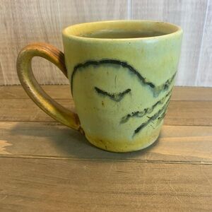 Studio Art Pottery Mug Stamped HG Seagulls  Kissing Brown Puke Yellow Very Ugly